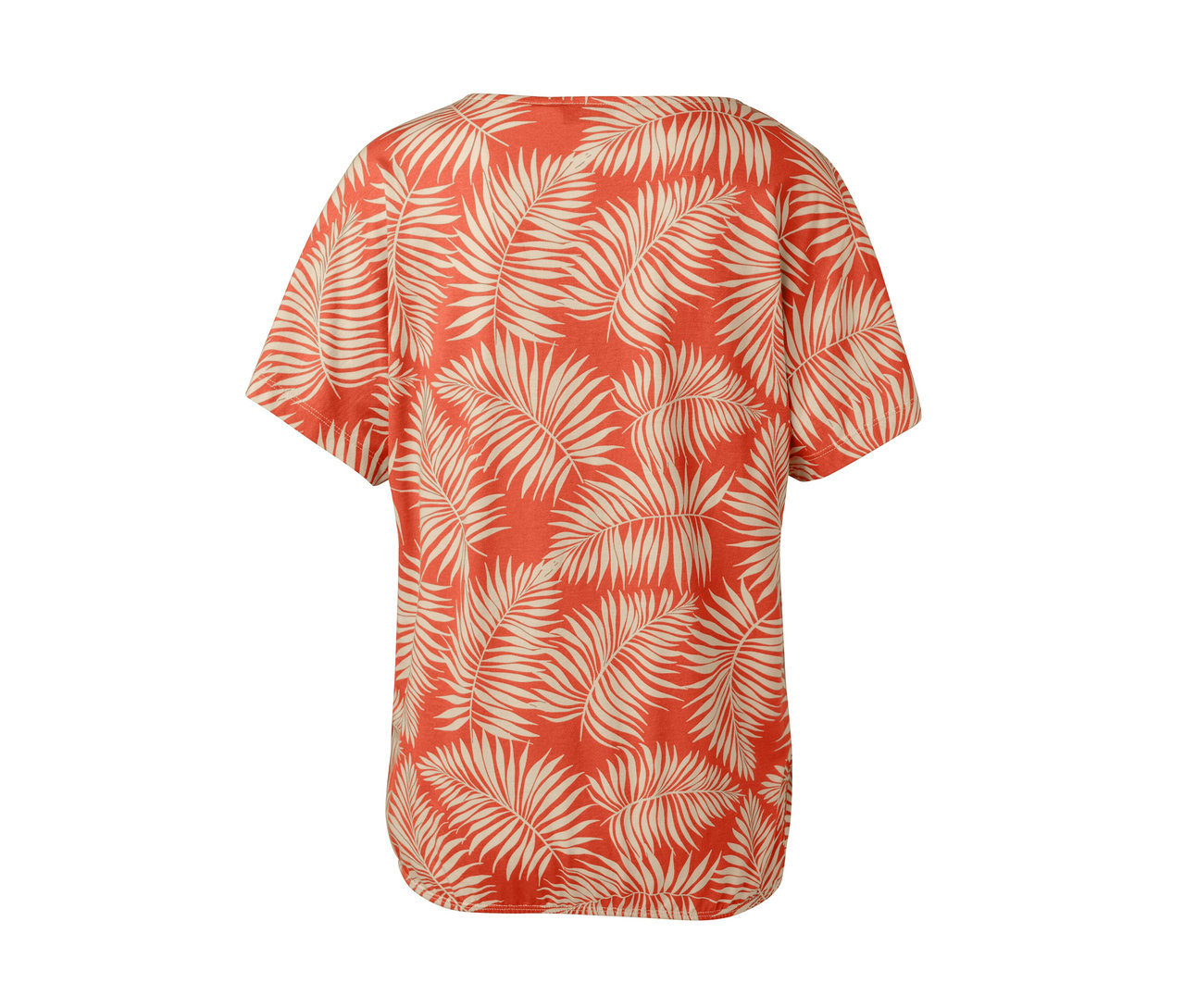 Detail pohľadu zozadu na oranžovo-krémové vzorované blúzkové tričko s potlačou listov.