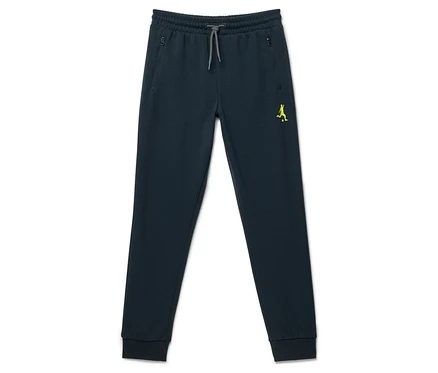 Tmavomodré detské tepláky s elastickým pásom, sivou šnúrkou, dvoma vreckami na zips a neónovo žltým logom na ľavom stehne.