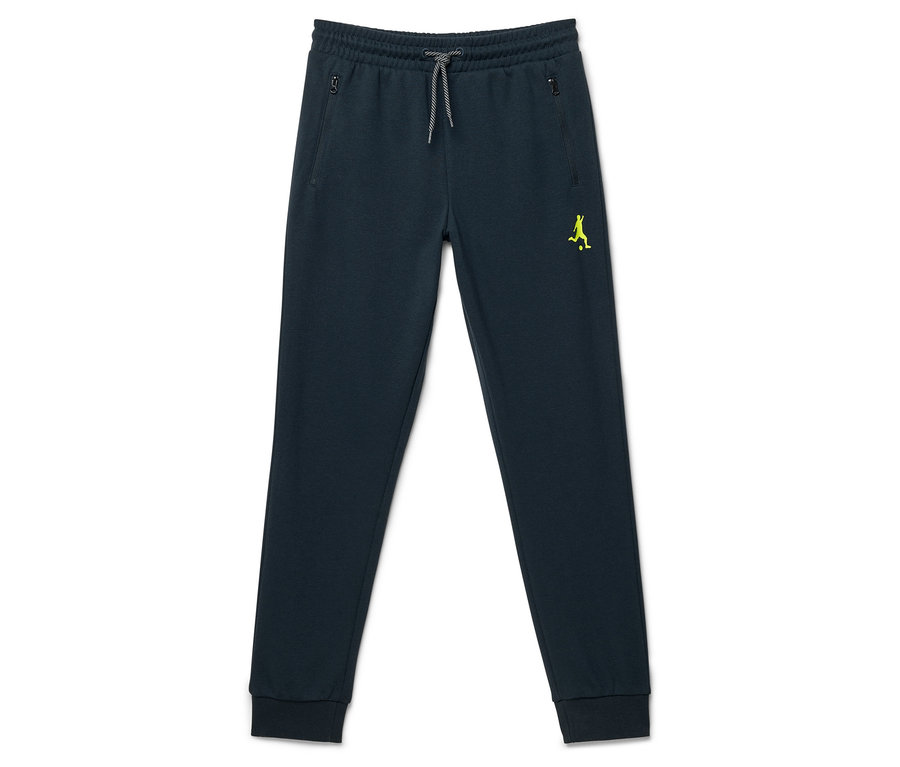 Tmavomodré detské tepláky s elastickým pásom, sivou šnúrkou, dvoma vreckami na zips a neónovo žltým logom na ľavom stehne.