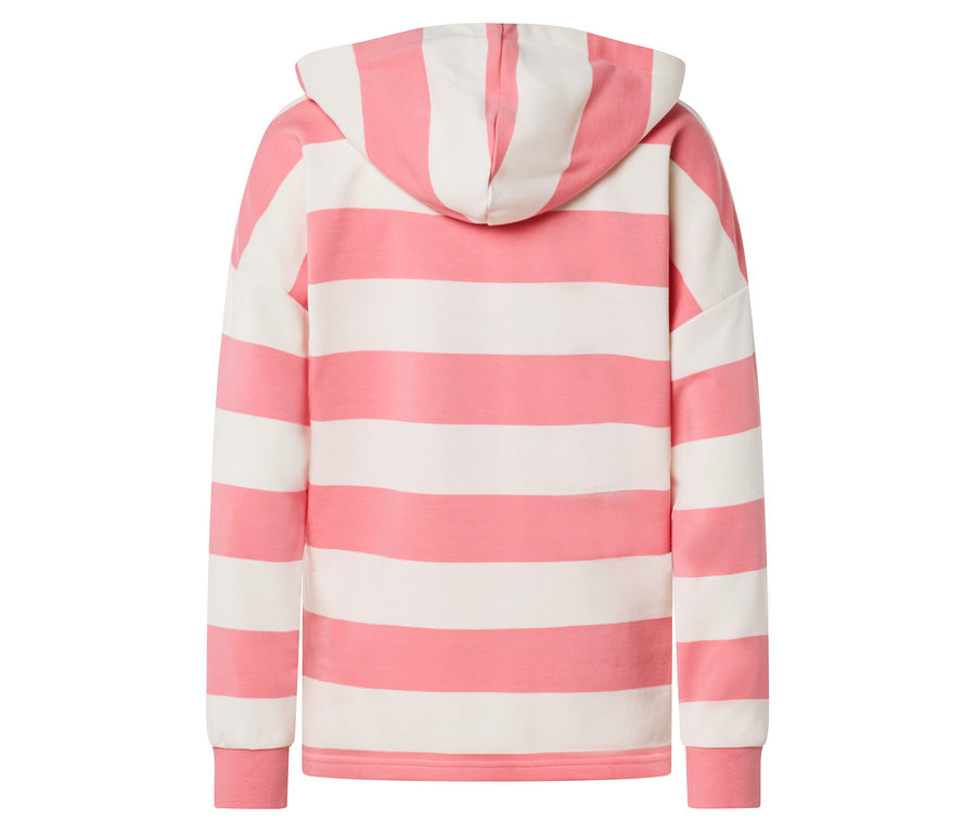 Pohľad zozadu na ružovo-bielu pruhovanú mikinu s kapucňou.