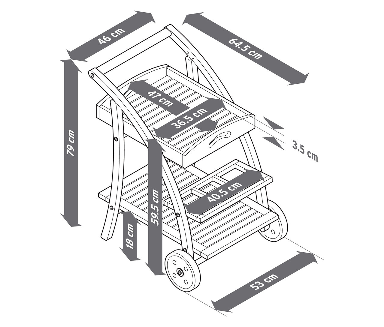 Ilustrácia barového vozíka s odnímateľnou táckou a rozmermi.