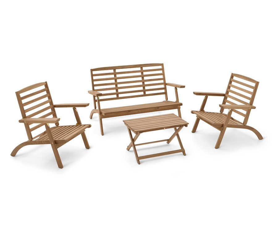 Záhradná súprava z dreva pozostávajúca z lavice, dvoch stoličiek a stola.