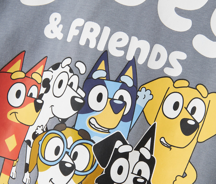Potlač na sivej látke s postavičkami z karikatúry Bluey & Friends.
