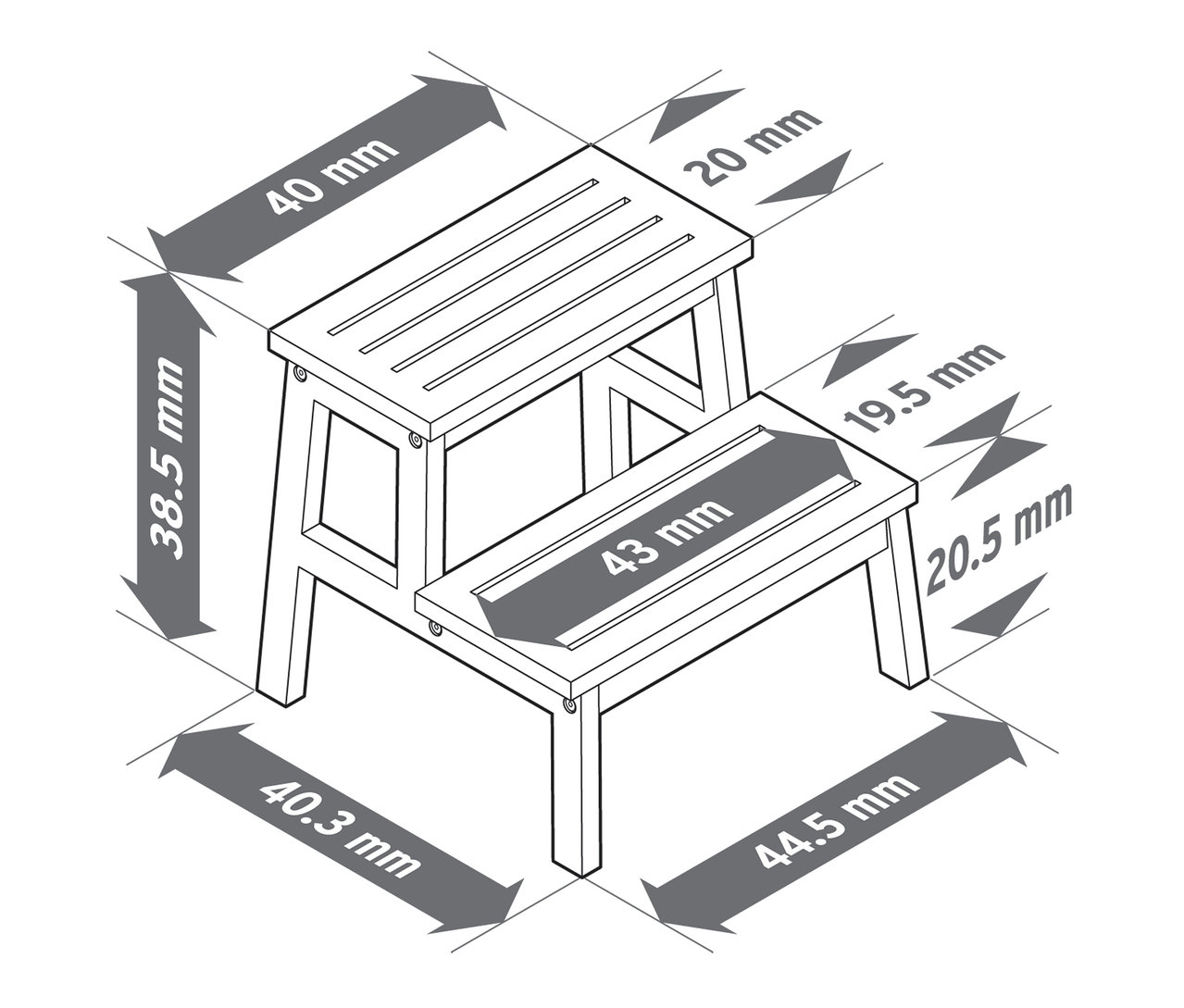 Ilustrácia nášľapného stolčeka z masívneho dreva s rozmermi v milimetroch.