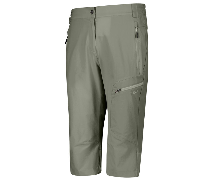 Dámske capri nohavice CMP zo strečového nylonu vo farbe khaki, s bočným vreckom na zips a vreckom na stehne.