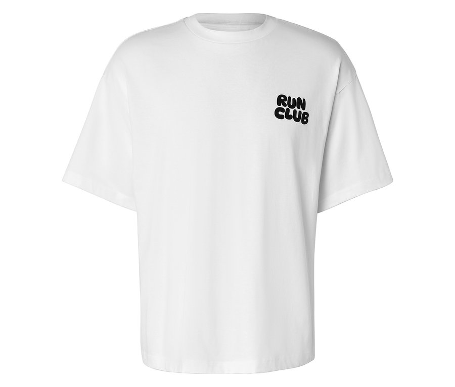 Biele športové tričko s čiernym nápisom 'RUN CLUB' na hrudi.