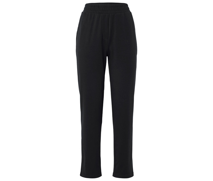 Čierne tepláky s elastickým pásom na bielom pozadí.