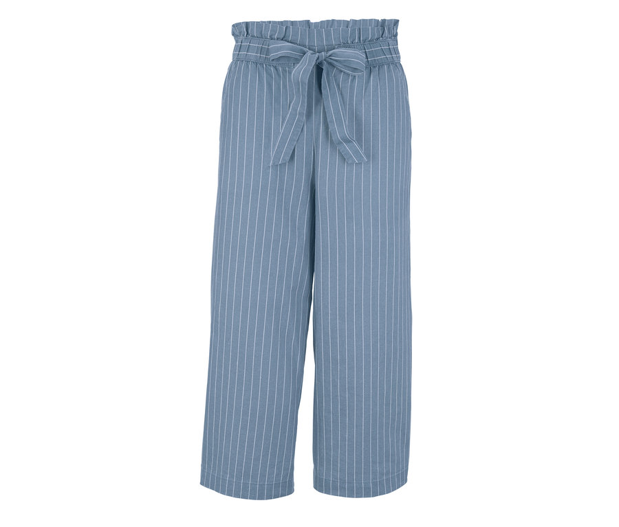 Modré ľanové nohavice culottes s bielymi prúžkami a zaväzovaním v páse.