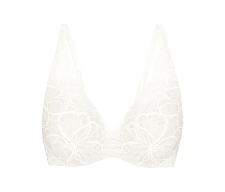 Biela podprsenka Triumph Body Makeup Illusion Lace WP s kvetinovým čipkovaným vzorom a tenkými ramienkami.