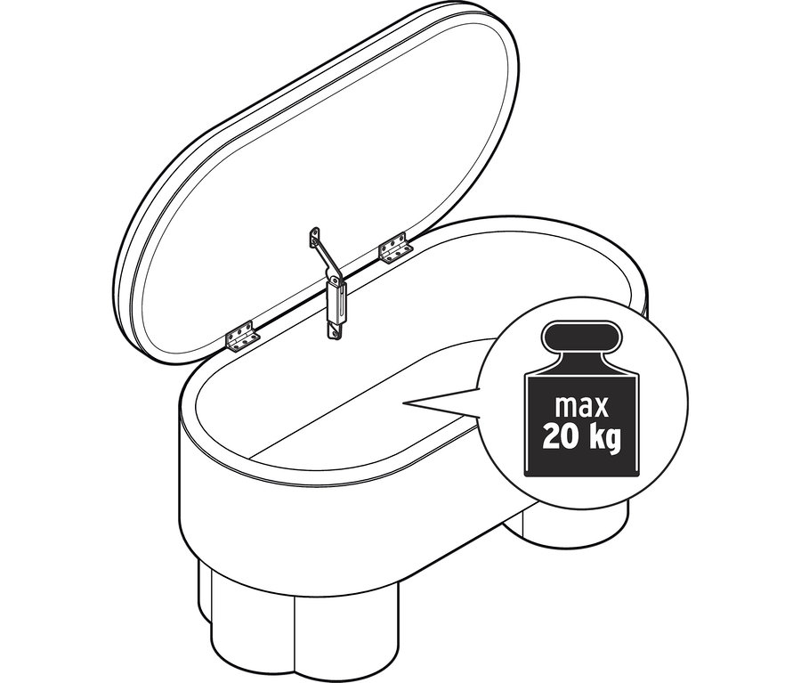 Buklé lavička s úložným priestorom s otvoreným vekom, ukazujúca úložný priestor a maximálnu nosnosť 20 kg.
