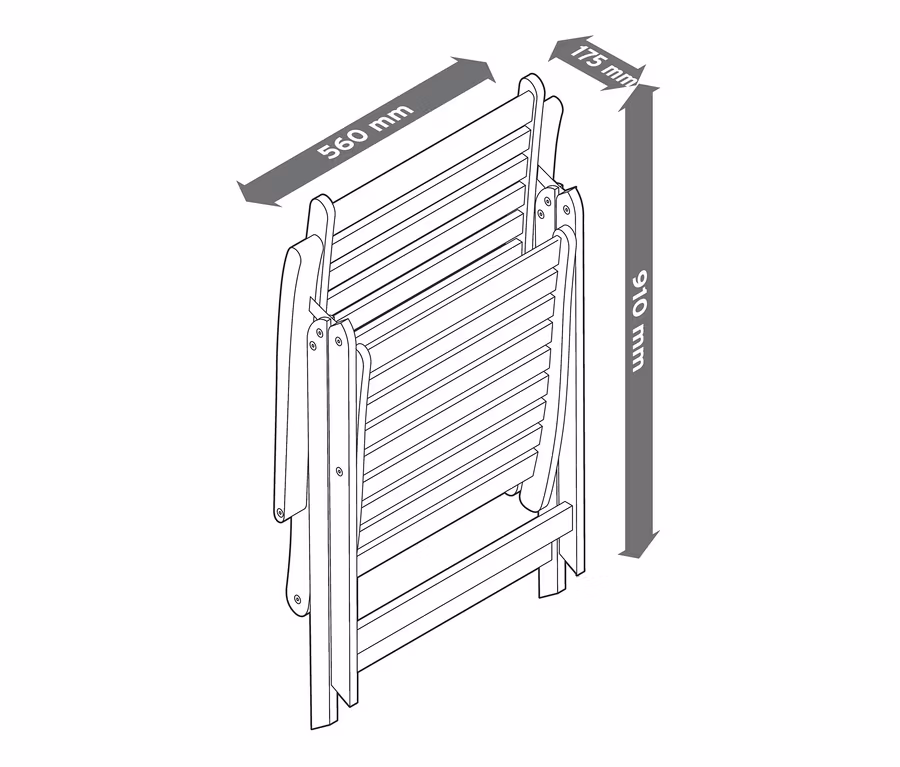 Ilustrácia zloženej teakovéd stoličky s vysokým operadlom a rozmermi 560 mm na šírku, 175 mm do hĺbky a 910 mm na výšku.