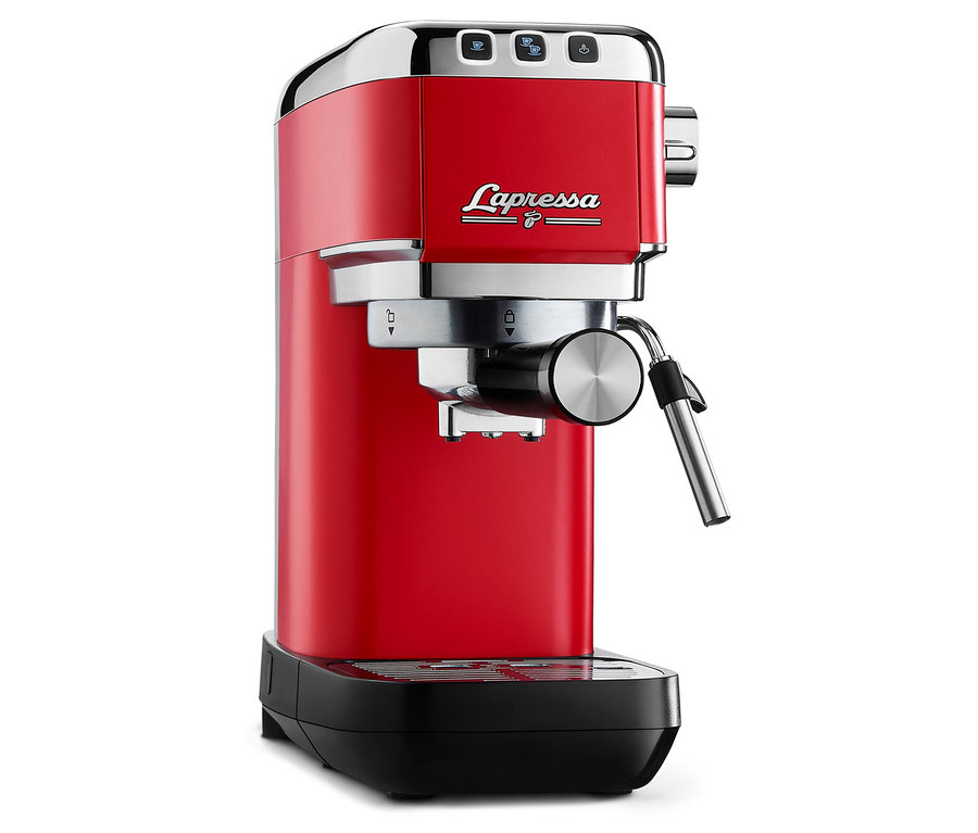 Červený pákový kávovar »Lapressa« na bielom pozadí.