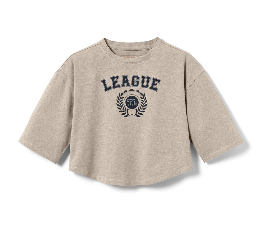 Béžové tričko s krátkym rukávom s nápisom "LEAGUE".