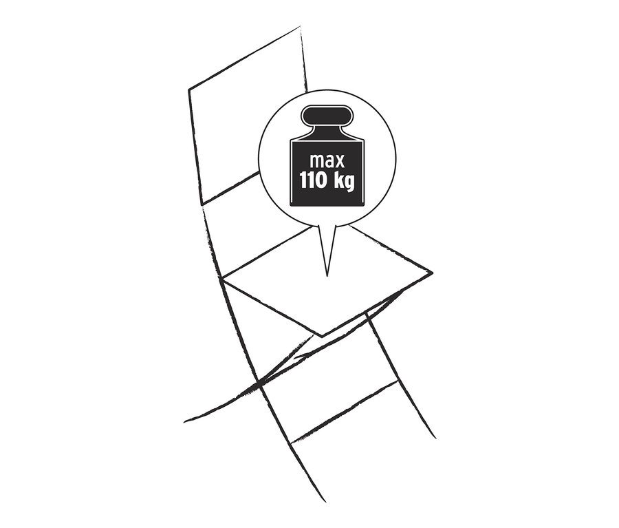 Ilustrácia skladacej stoličky s opierkou na ruky a maximálnou nosnosťou 110 kg.