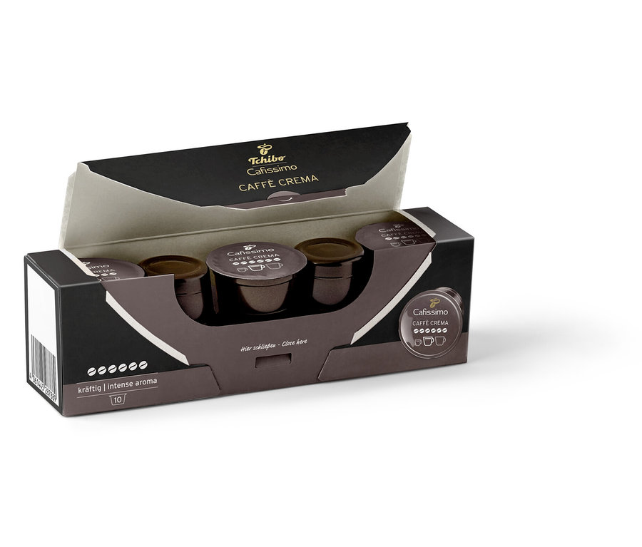 Otvorené balenie s desiatimi kapsulami Caffè Crema silná.