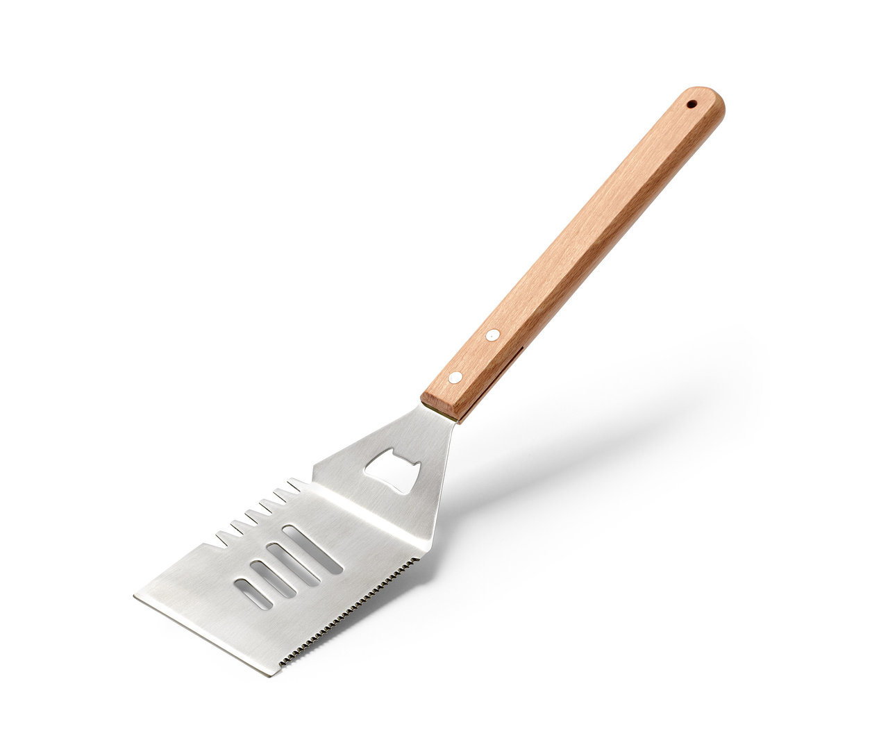 Multifunkčný nástroj na grilovanie s drevenou rukoväťou a nerezovou oceľovou hlavou.