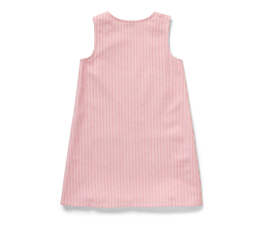 Dievčenské tkané pinaforové šaty s červenými prúžkami na bielom pozadí.
