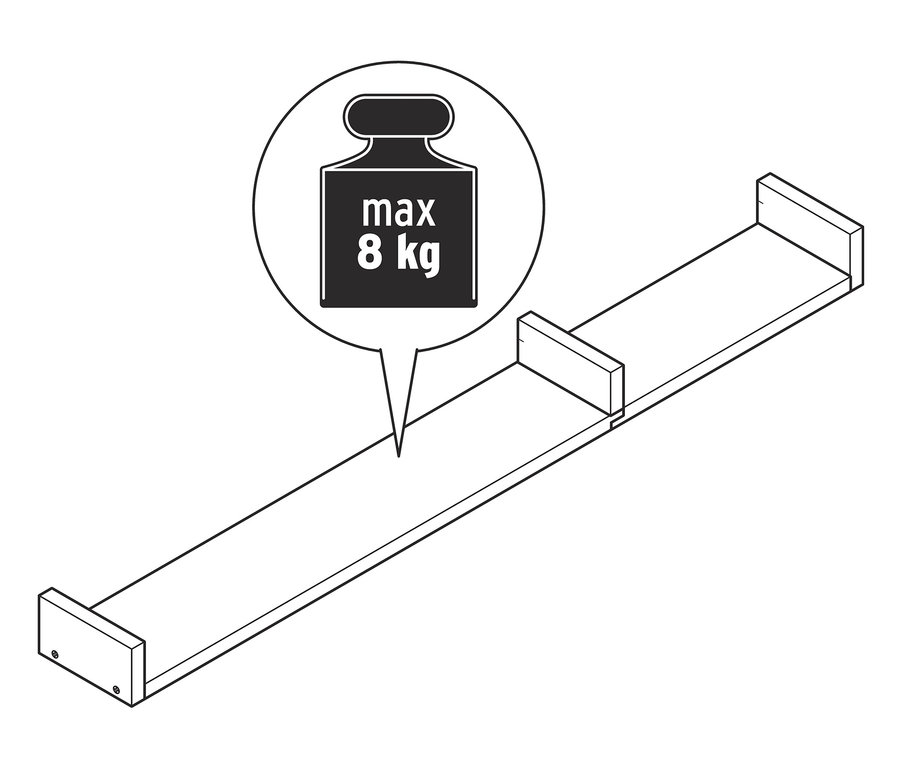 Ilustrácia nástennej poličky, cca 120 cm, s maximálnou nosnosťou 8 kg.