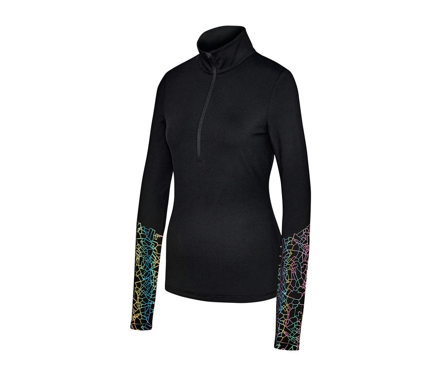 Čierne funkčné termotričko s dlhým rukávom a farebným geometrickým vzorom na rukávoch.