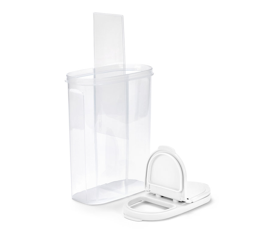 Priehľadná dóza na potraviny 2 v 1 s otvoreným bielym vekom.