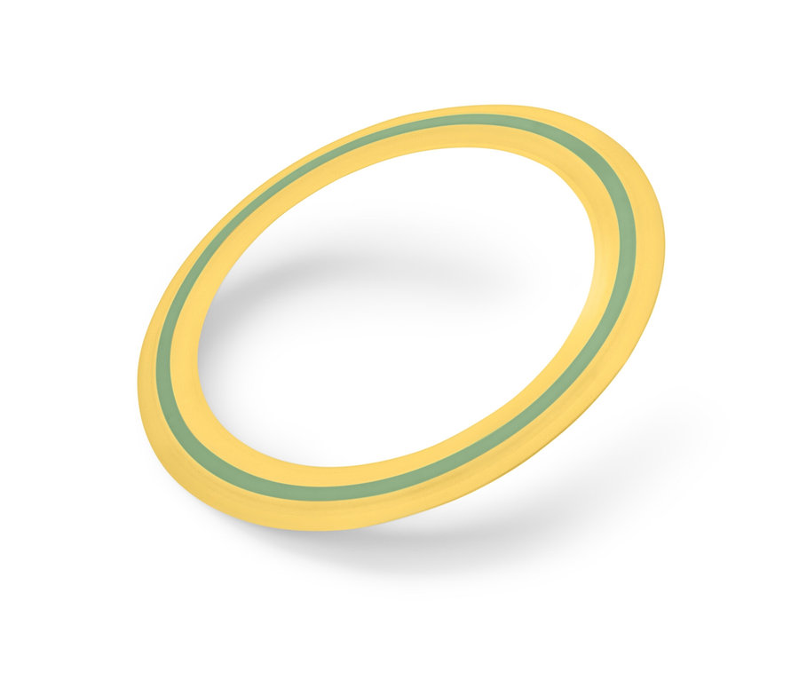 Žltý lietajúci tanier so zeleným pruhom na bielom pozadí.