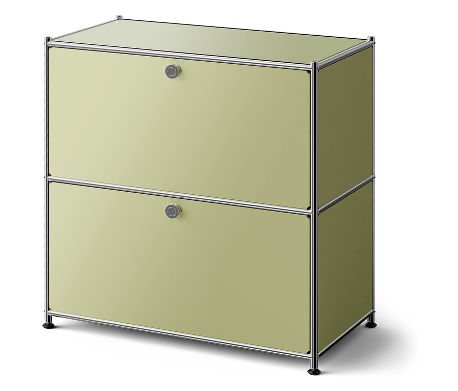 Zelená skrinka s dvoma zásuvkami a strieborným rámom.