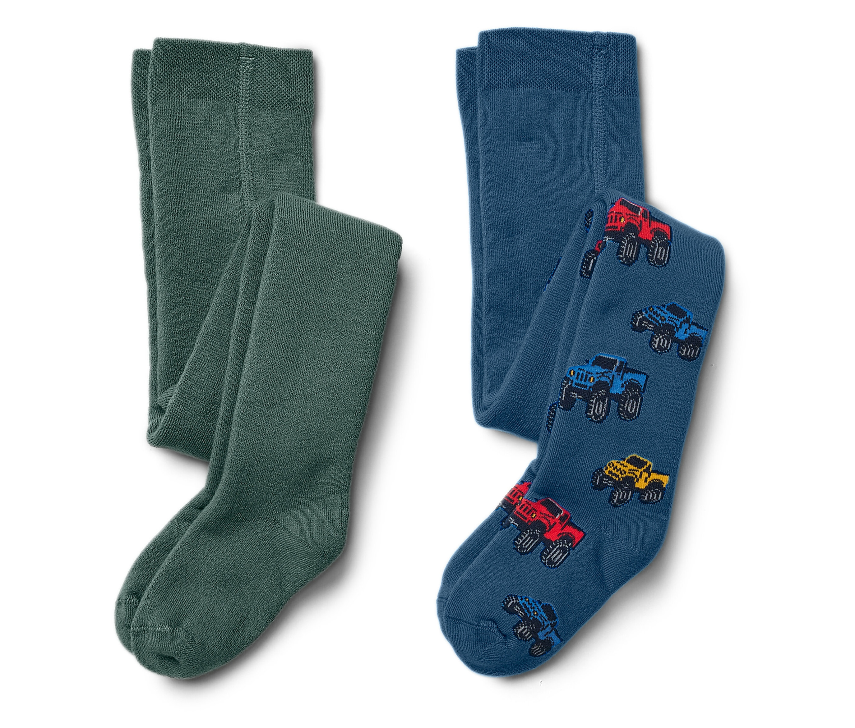 Dvoje detské pančuchy: jedny zelené, druhé modré s potlačou áut.