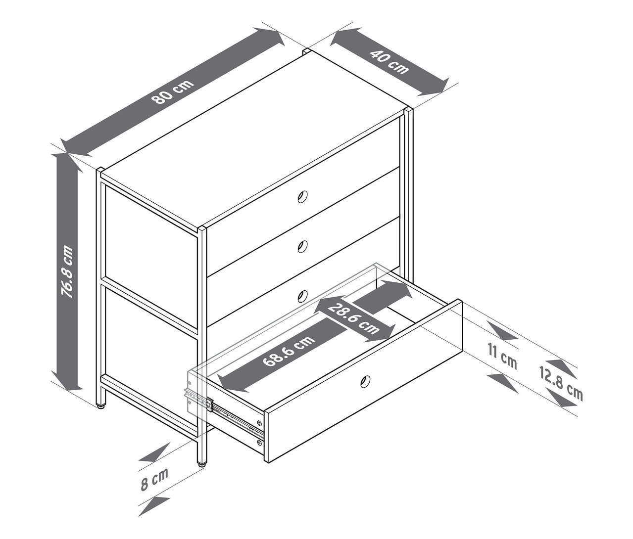 Náčrt komody »KLAAR« so 4 zásuvkami s vyznačenými rozmermi.