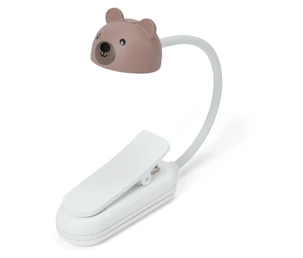 Biela lampa na čítanie s klipom a hnedou hlavou v tvare medvedíka.