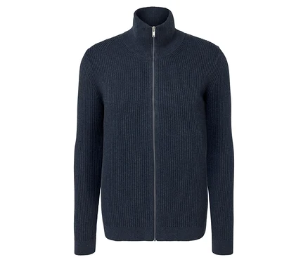 Námornícky modrý melírovaný pletený sveter na zips.