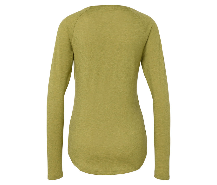 Pohľad zozadu na olivovo zelené tričko s dlhým rukávom.