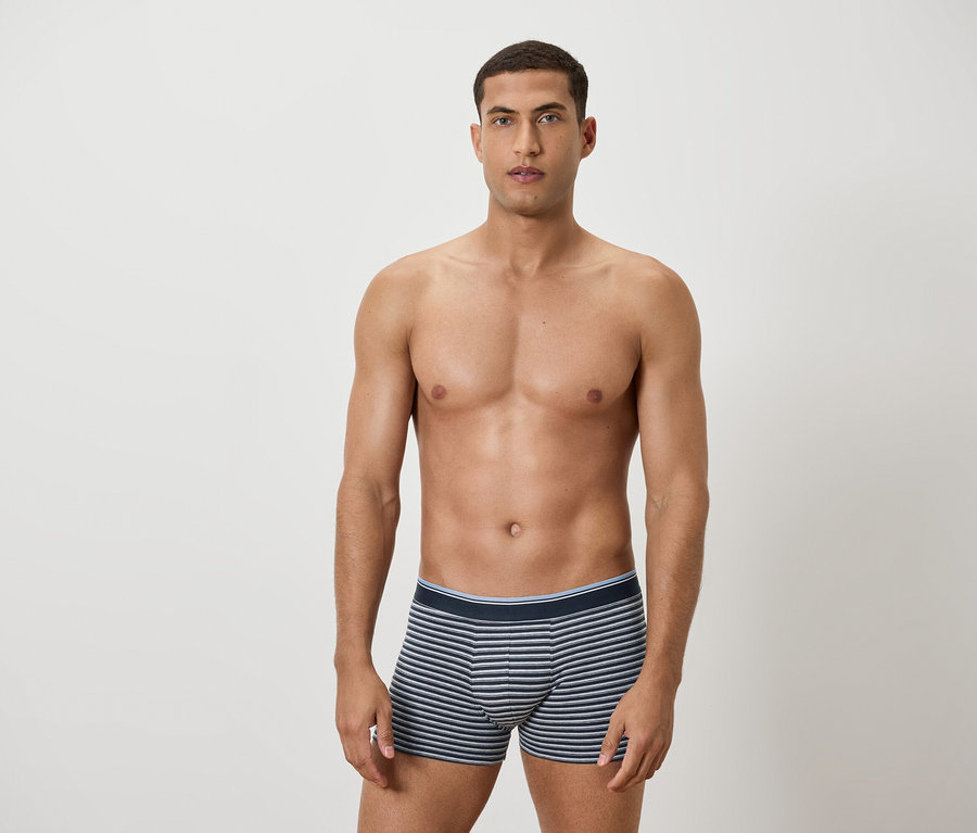 Muž s odhalenou hornou časťou tela pózuje v spodkoch s modrými a bielymi prúžkami.
