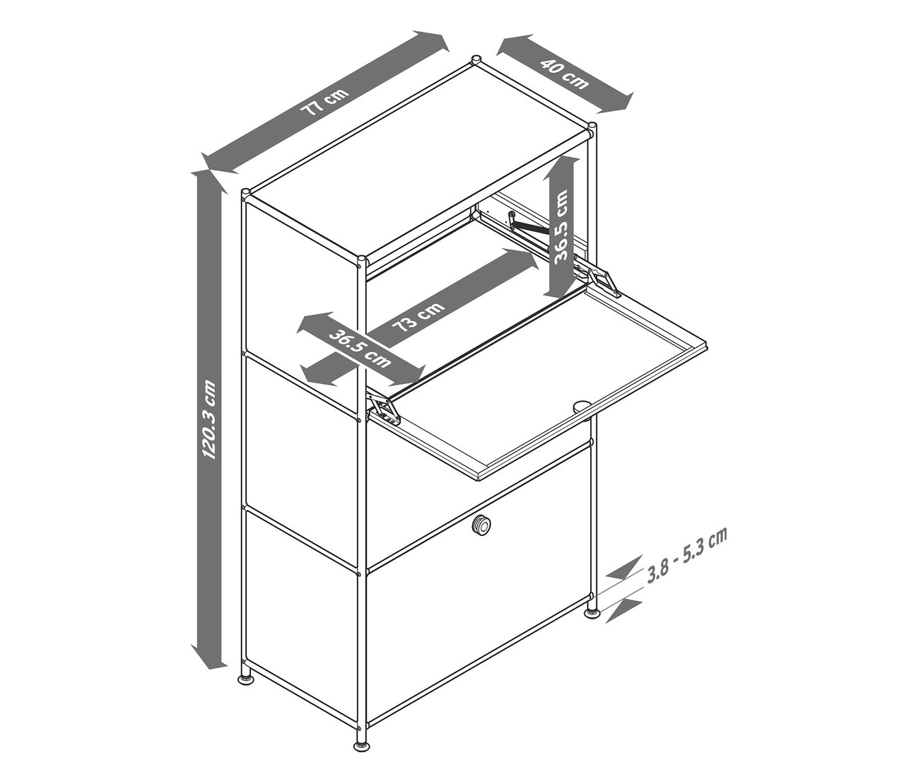 Čiernobiela kresba skrinky s rozmermi, s otvorenou hornou časťou a výklopnou doskou.