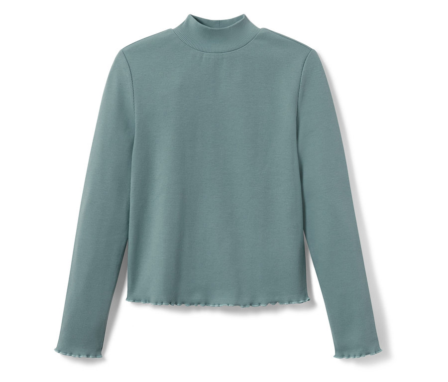 Zelený rebrovaný top s dlhým rukávom a rolákom.