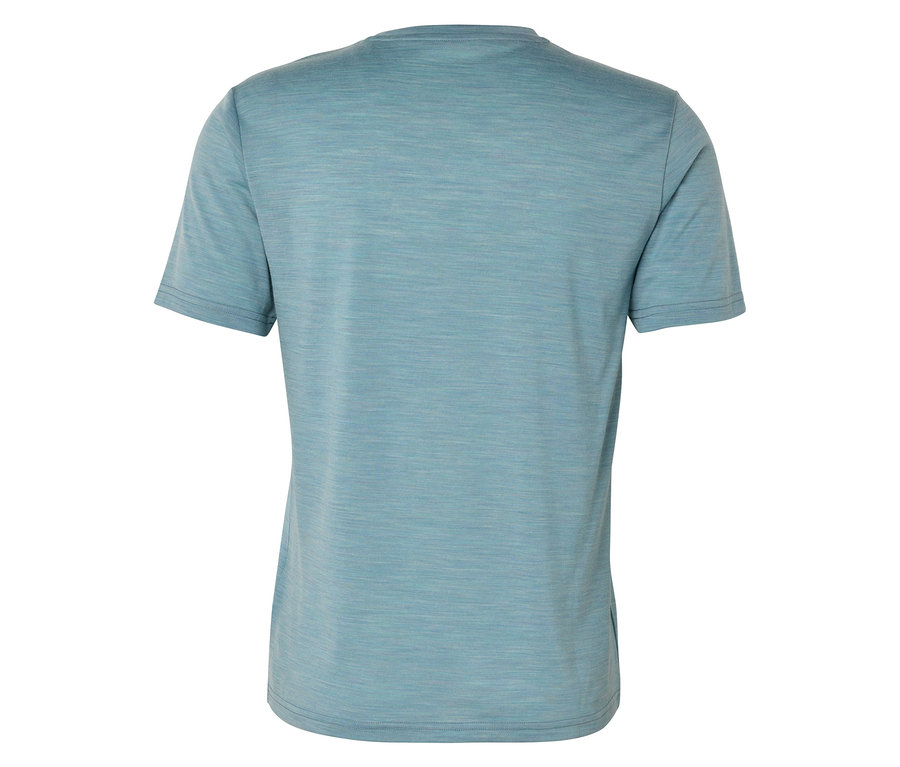 Pohľad zozadu na svetlomodré tričko s krátkym rukávom.