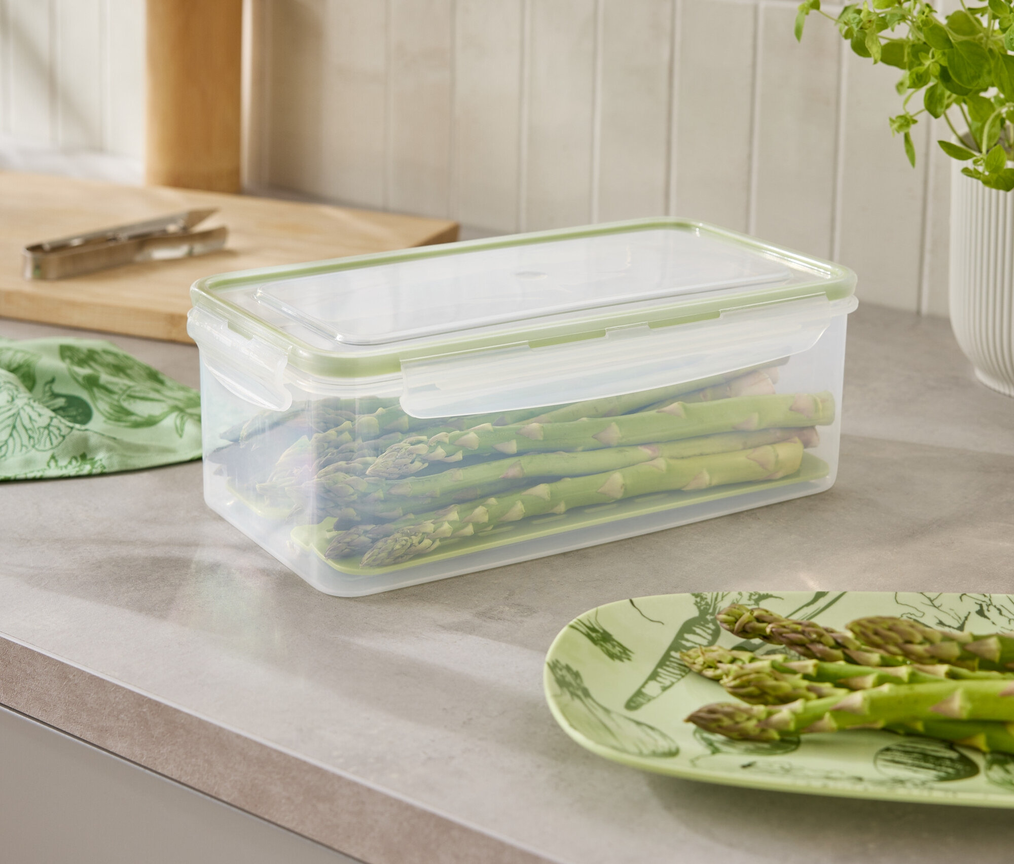 Na kuchynskej linke je nádoba so špargľou, tanier so špargľou a rastlina.