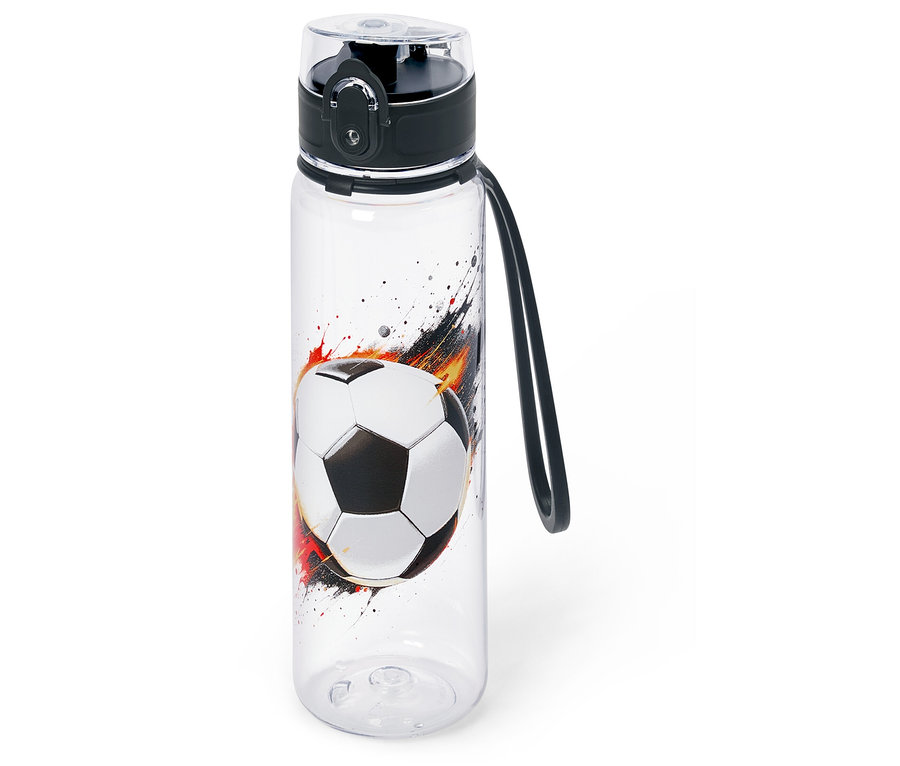 Priehľadná fľaša na vodu s dizajnom futbalovej lopty.