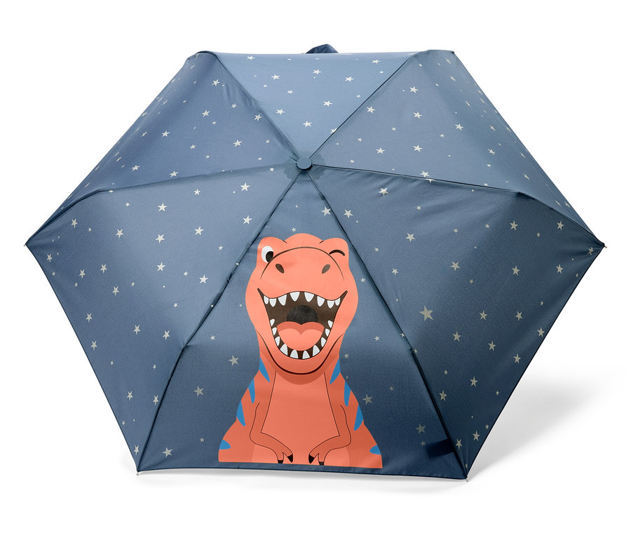 Modrý dáždnik s bielymi hviezdami a oranžovým dinosaurom s modrými pruhmi.