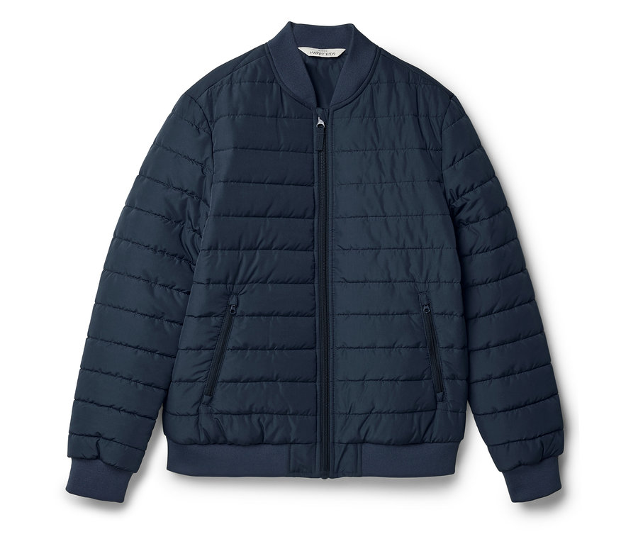 Tmavomodrá prešívaná bunda na zips s vreckami.