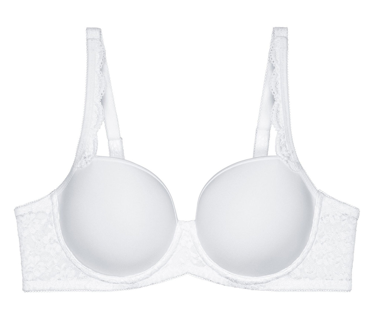 Biela podprsenka Triumph Amourette Maxi WP s hladkými, vystuženými košíčkami a čipkovanými detailmi po stranách a na ramienkach.