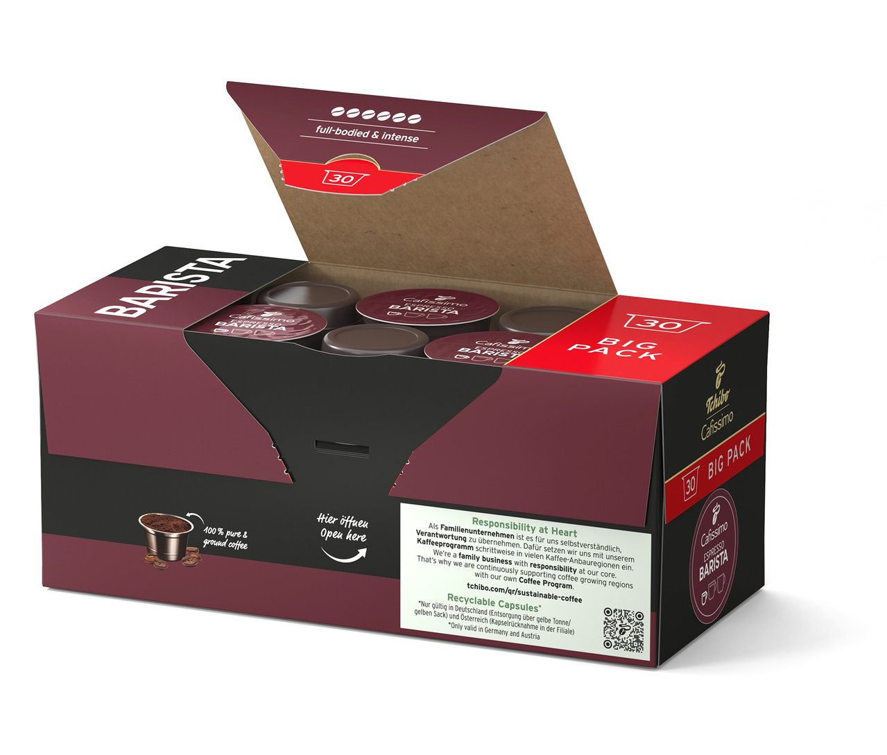 Otvorené hnedé balenie s kávovými kapsulami. Na obale je nápis „BARISTA“ a „30 BIG PACK“.