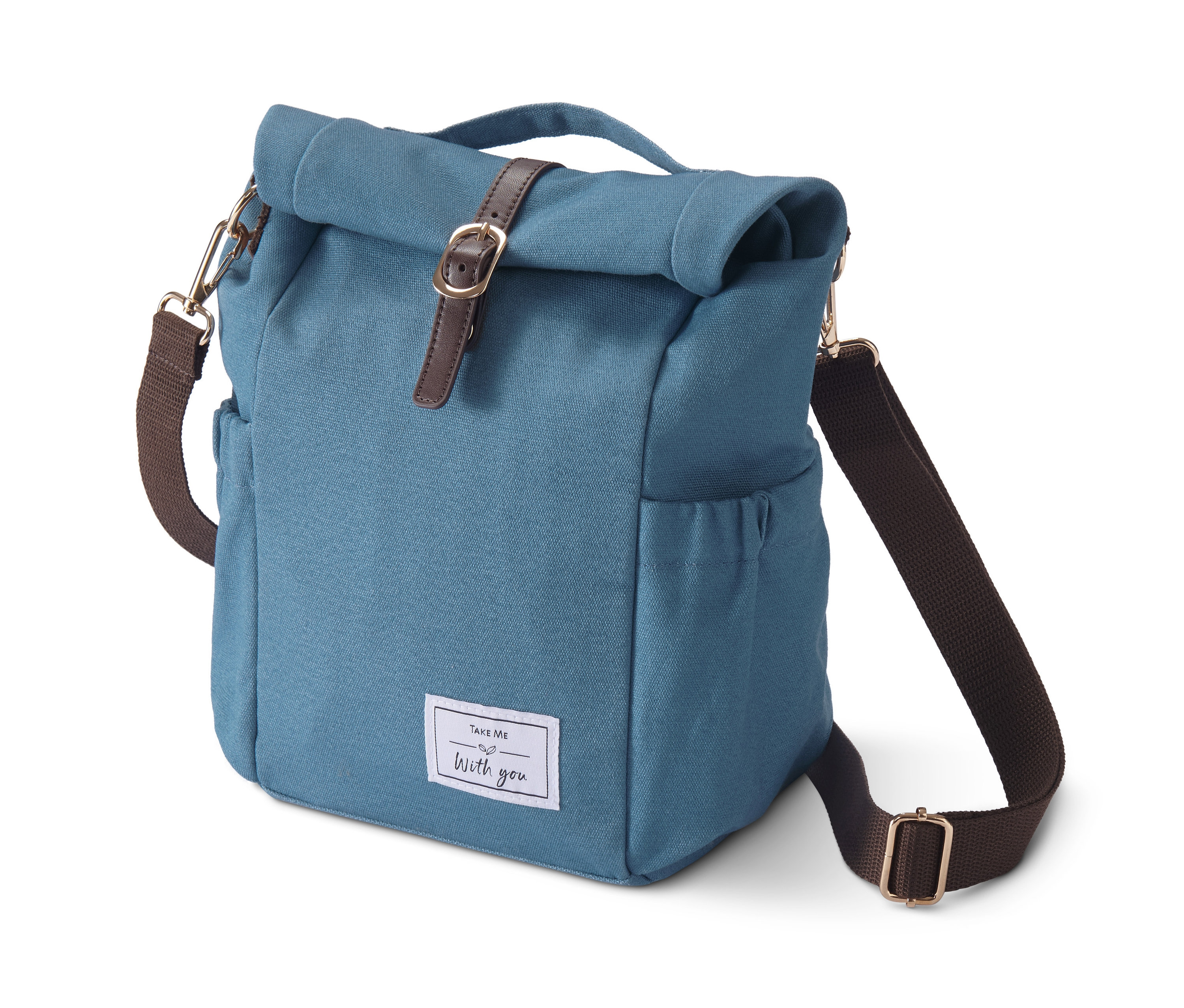 Modrá chladiaca taška na obed s hnedými popruhmi a koženým zapínaním.