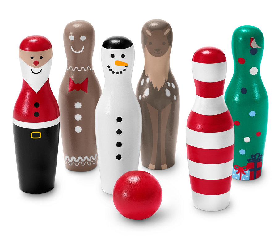 Sada mini bowling »Xmas« s kolkami v tvare Santa, perníka, snehuliaka, soba, cukrovej trstiny a vianočného stromčeka.