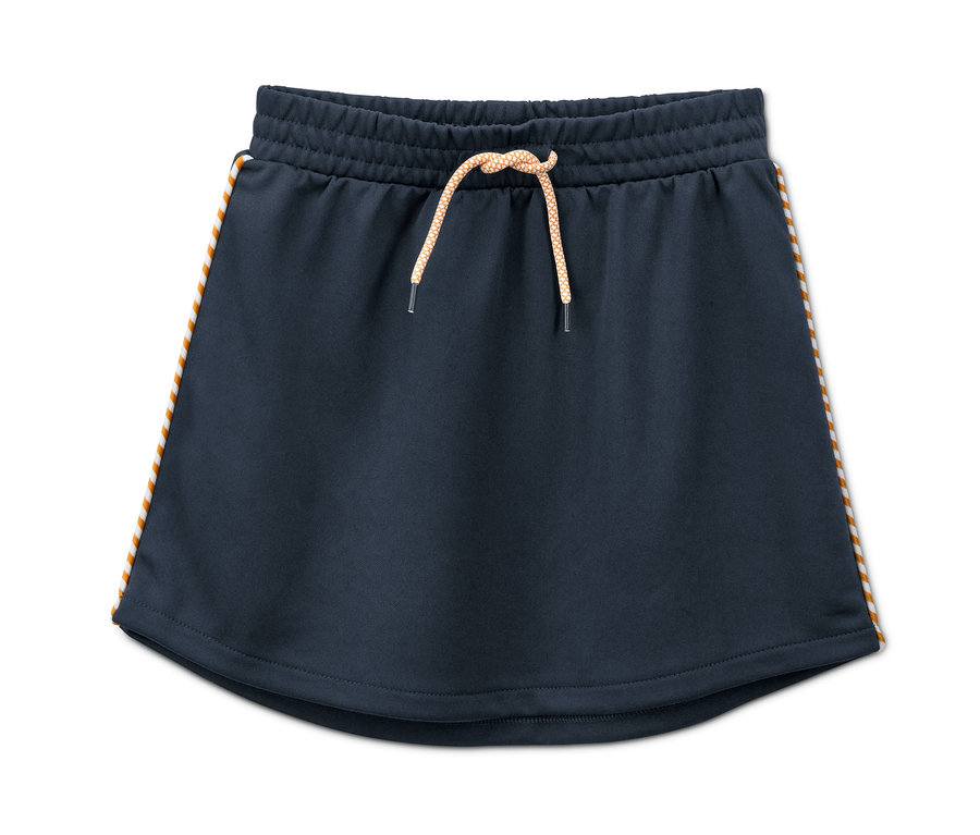 Tmavomodrá športová džersejová sukňa s oranžovými pruhmi po stranách.