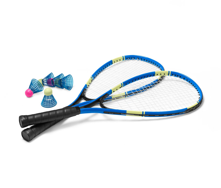 Dve modré rakety a súprava košíčkov na speed bedminton.