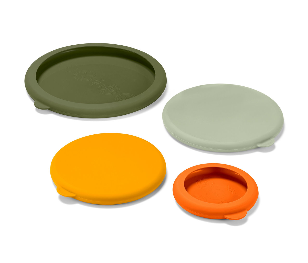 Štyri silikónové veká na uchovávanie potravín v čerstvom stave v olivovej, svetlozelenej, žltej a oranžovej farbe.