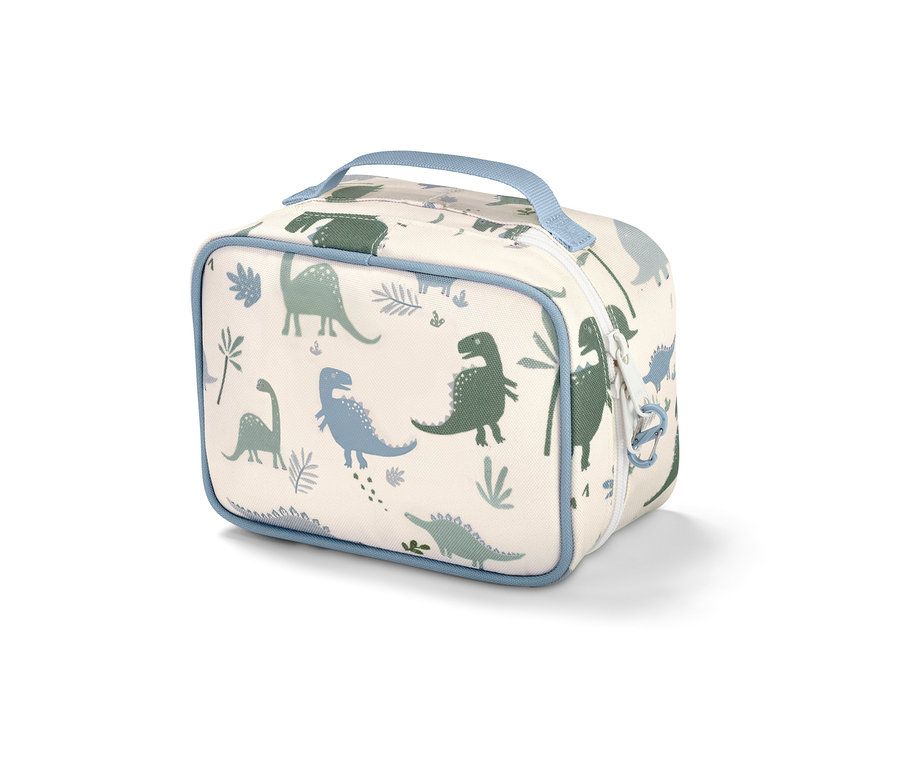 Štvorcová taštička na lieky s modrým lemovaním a potlačou dinosaurov na bielom pozadí.