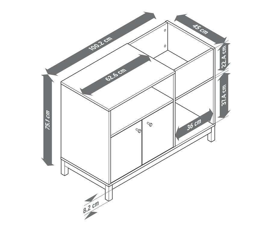 Diagram nábytku zobrazuje rozmery skrinky: 100,2 cm x 75,1 cm x 45 cm.