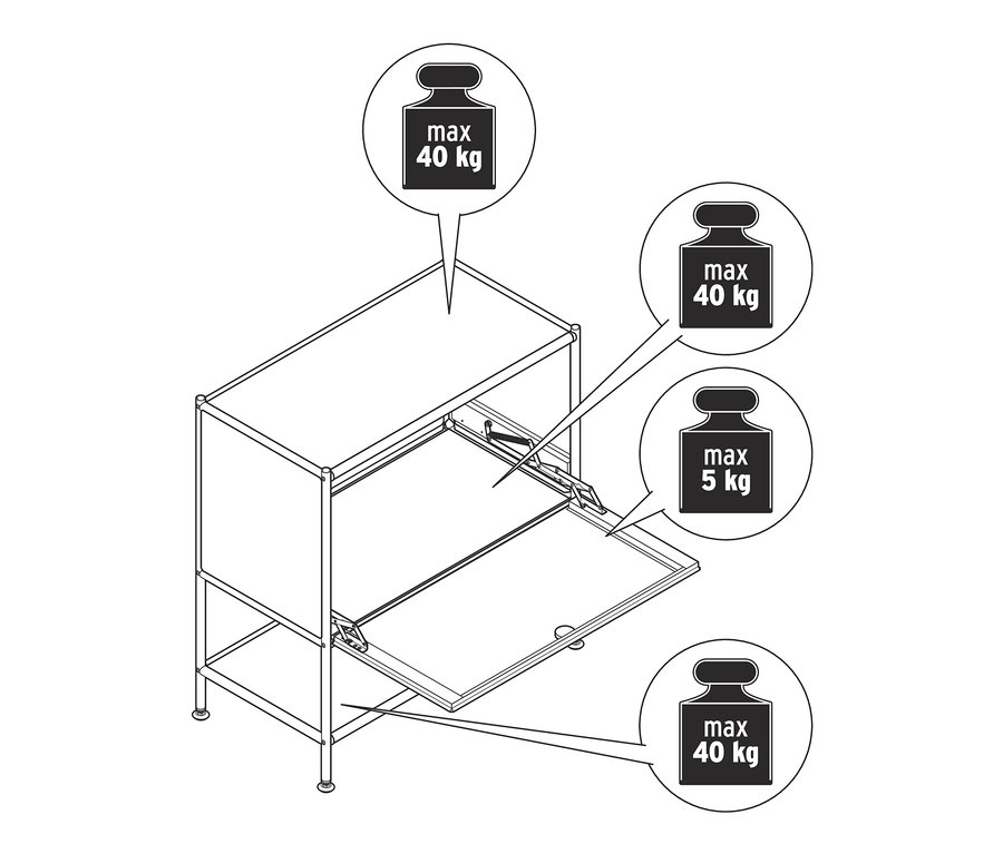 Nákres bielej odkladacej skrinky »CN3« s 1 výklopnými dvierkami.
