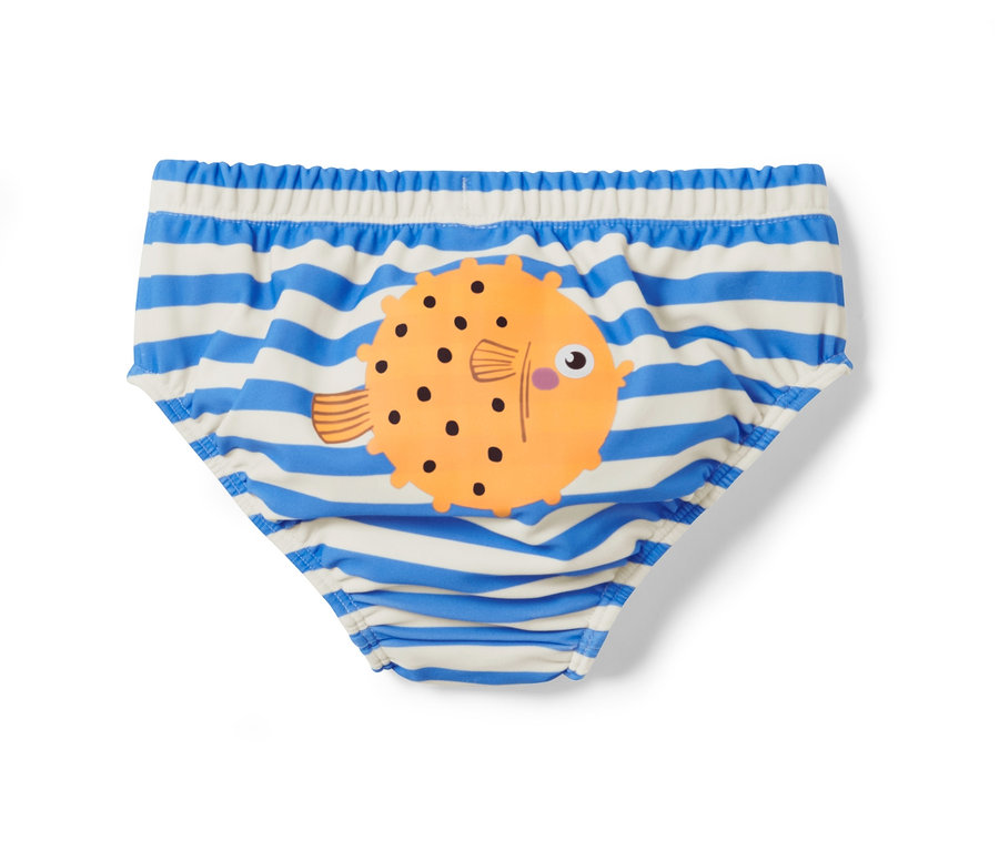 Plienky na plávanie pre bábätká s modrými a bielymi pruhmi a oranžovou rybou.